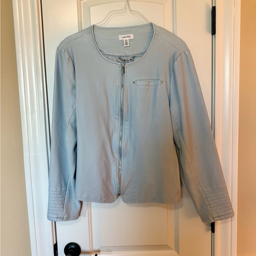 Calvin Klein Pale Blue Women's Zip-Front Faux Leather Blazer/Jacket